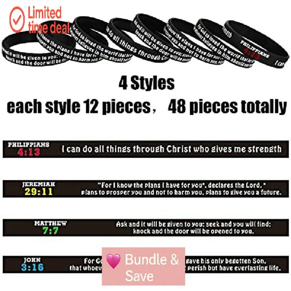 48 Pcs Silicone Bible Verse Bracelets Inspirational Religious Wristbands - Picture 3 of 8